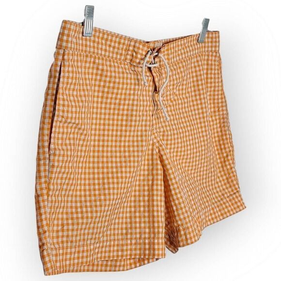 VENISSAC Men’s Swim Trunk Shorts Beach Luxury Travel Orange White Gingham Print - Picture 2 of 5